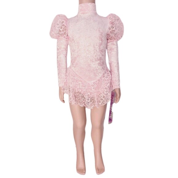 Gilda Marx VTG High Neck Velvet Lace Keyhole Pink Leotard Dress Size Y/J  (XS) - Picture 3 of 16
